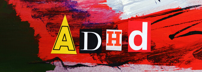 ADHD. Abbreviation ADHD from paper letters . Chaotic red white stripes spots  background. ADHD is Attention deficit hyperactivity disorder - obrazy, fototapety, plakaty