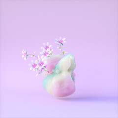 Beauty fashion podium backdrop for product display with abstract pastel stone and iridescent floral. 3d rendering. 