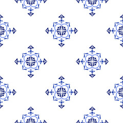 Azulejos portuguese traditional ornamental tile, blue and white seamless pattern