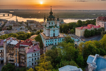 Aerial view of St. Andrew's Church during dawn, one of the most famous sights of the city of Kiev. Cityscape concept, tourism, vacation, travel