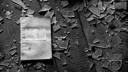 Old notebook on the floor in the attic of old, abandoned farm house with shattered glass.