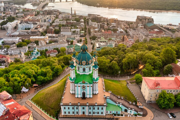 Aerial view of St. Andrew's Church during dawn, one of the most famous sights of the city of Kiev....