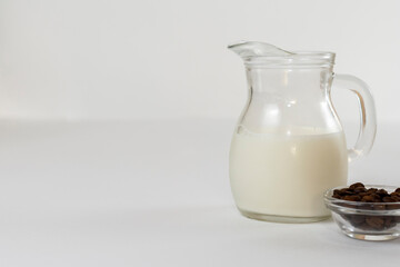 Dalgona coffee ingredients. Coffee beans and milk.