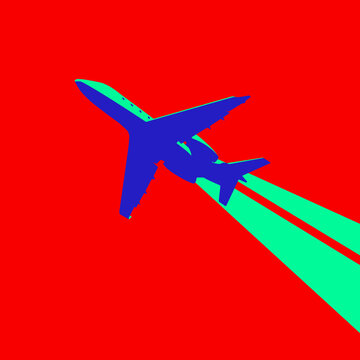 Vector illustration in blue, green and red with an image of an airplane. Idea for a poster, invitation, postcard