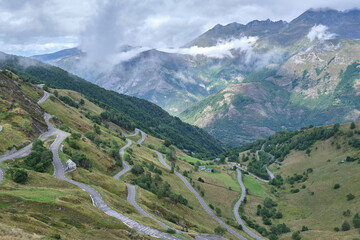 Fototapeta na wymiar Luz-Ardiden mountain pass winding road. France, Luz-Saint-Sauveur, French Pyrenees