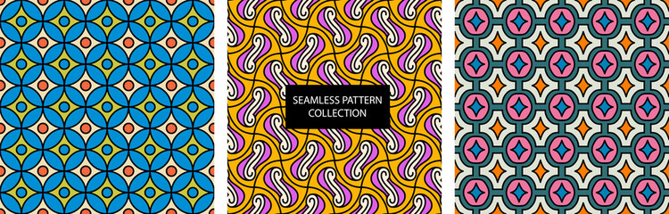 Set of vintage geometric seamless pattern. Wallpaper in 70s and 80s style. Retro vibe backdrop for you design.  Tile ornament for textile and fabric. Fashion bright colour print.