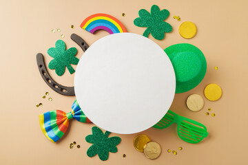 St Patricks day party background with lucky charms, shamrock and rainbow. Flat lay composition with copy space