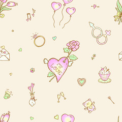 Seamless vector pattern with different hearts and objects for a St Valentine's Day, for a wedding, engage - on a pale yellow background.