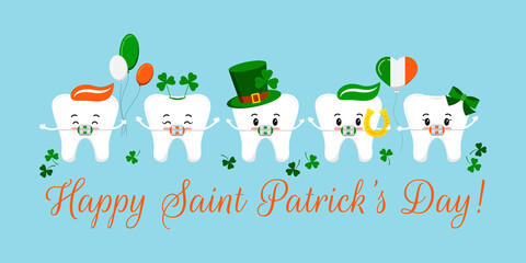 St Patrick day teeth dental braces on dentistry greeting card. Tooth irish character with lucky clover on green hat, flag colors balloon, horseshoe. Flat cartoon vector Happy paddy's day illustration.