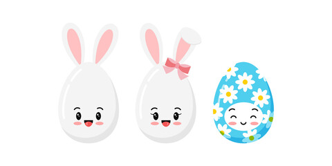 Easter cute eggs with bunny ears and flower character set isolated on white background. Spring white bird eggs for hunt decorated rabbit ears. Vector flat design cartoon kawaii style illustration.