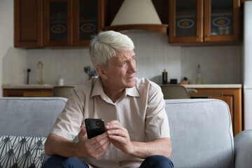 Worried senior smartphone user getting bad, concerning news message, holding mobile phone, looking...
