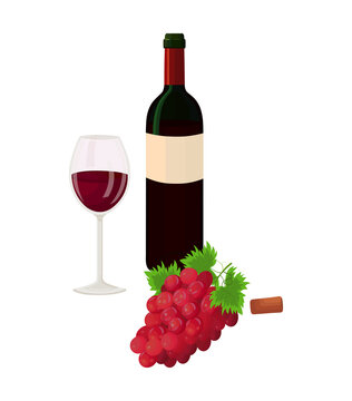 Illustration with red wine on white background. Vector bottle and glass with wine, red grapes and bottle cap in cartoon style.