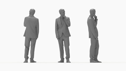 3D rendering of a casual business man front side and back view. Thinking doubting posture. Computer render model isolated silhouette.