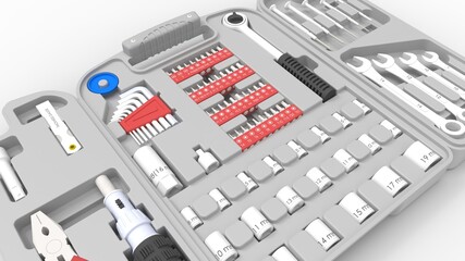 3D rendering of a multi purpose toolbox tools displayed open in empty space studio background.