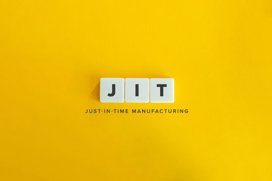 JIT (just-in-time manufacturing) Banner. Letter tiles on bright orange background. Minimal aesthetics.