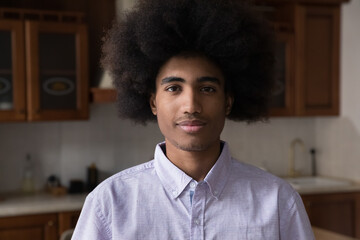 Positive African teenage guy with Afro hairdo home head shot portrait. Handsome young Black man, college student posing at home, looking at camera, standing in kitchen interior