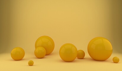 3d rendering of several sized reflected yellow spheres inside a yellow studio