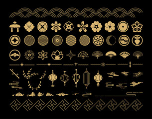 Fototapeta Collection of golden Chinese ornaments and symbols on a black background. Decorative Asian elements. obraz