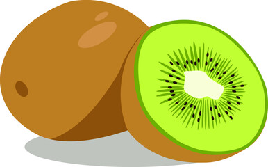 Ripe whole kiwi fruit and half kiwi fruit isolated on white background. Chinese gooseberry half cross section flat color vector icon for food apps and websites
