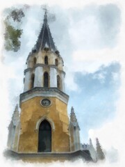 Fototapeta na wymiar Ancient Christian Church, European Architecture, Gothic Style, Yellow watercolor style illustration impressionist painting.