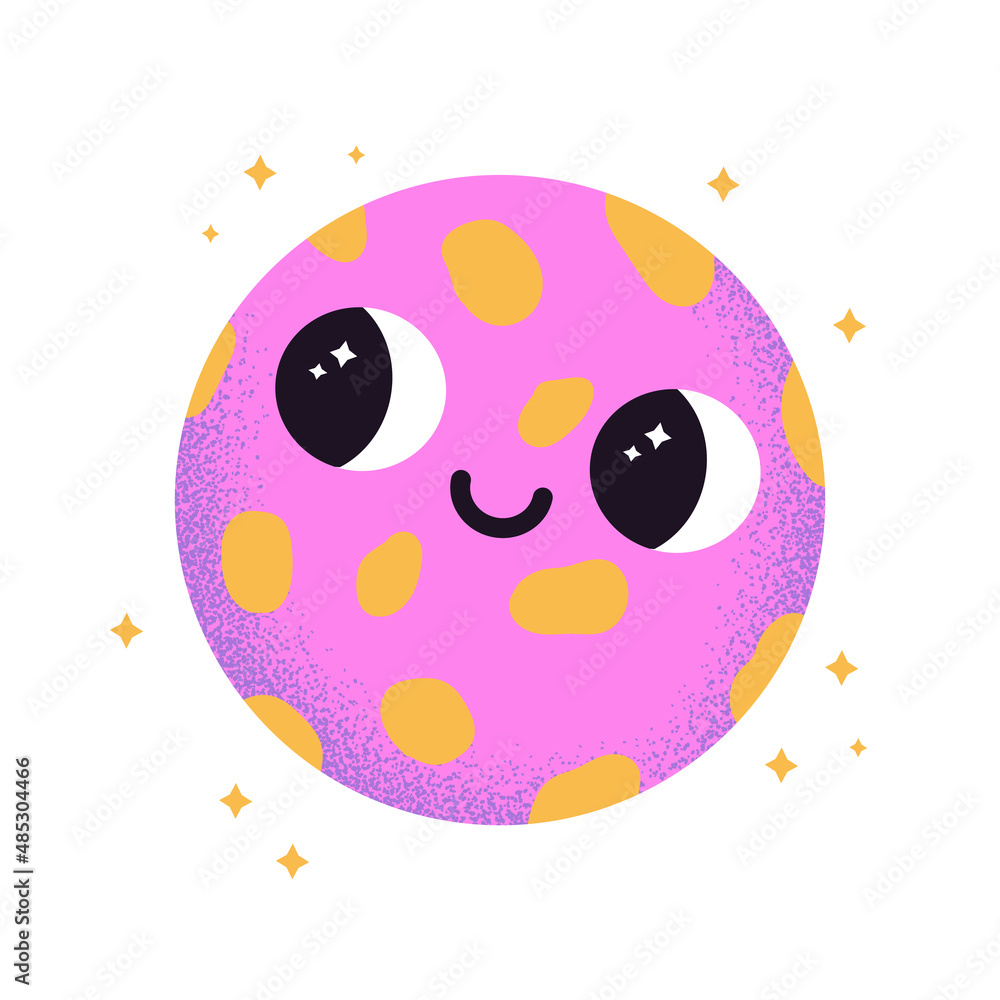 Poster vector illustration of abstract planet with spots. cartoon space element with cheeks. cute bizarre c