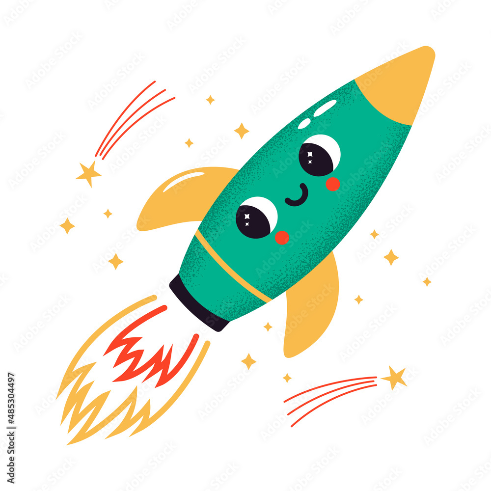 Poster vector illustration of cute flying rocket character with face expression. space ship in cartoon styl
