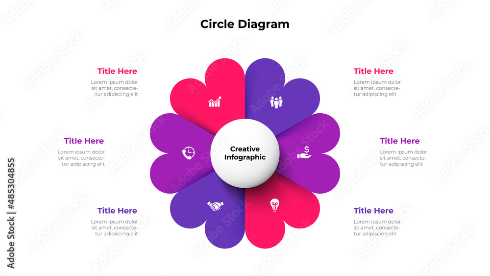 Aufkleber Diagram with six parts in the form of a heart with a circle in the center. Slide for business presentation. Cycle infographic element divided into 6 options