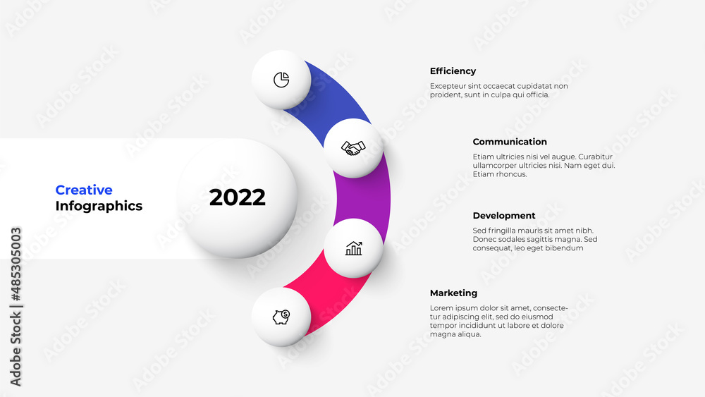 Poster Flow chart diagram with 4 circle elements around the central big circle. Concept of business project visualization with four options. Infographic design template