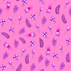 Pencil botanical and magical seamless pattern in violet color isolated on pink .Four-leaf clover, branch, feather, magic wand, star and comet.Hand magic elements. Hand drawn decorations, scrapbooking