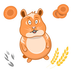 Image of a cute cartoon hamster. A simple drawing of a pet along with the products of his diet. Vector over white background.