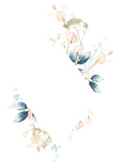 Watercolor painted floral rhombus frame. Arrangement with blue branches and pink leaves. Wedding template design.