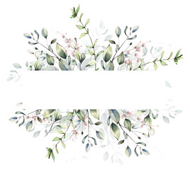 Watercolor painted floral frame. Arrangement with green branches and pink leaves. Wedding template design.