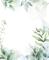Fototapeta na wymiar Watercolor painted airy floral frame template. Green and blue background with branches, leaves and abstract washes. 