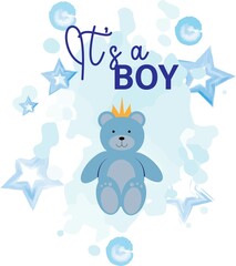Illustration card it's a boy with stars composition and a bear. Isolated on white background. Perfect for card, invitation, printing, wrapping.