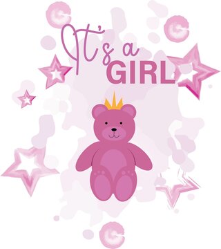 Illustration card it's a girl with stars and a bear. Isolated on white background. Perfect for card, invitation, printing, wrapping. 