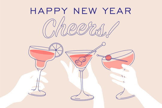 Happy new year postcard line illustration design. Party invitation, greeting card with hands holding cocktails 