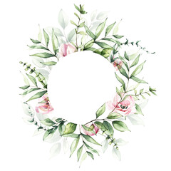 Round frame template watercolor painted. Background with branches, green leaves and pink roses. Wedding ready design.