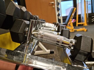 dumbbell rack with different weights in the gym