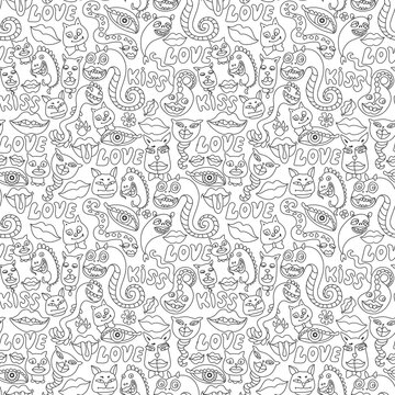 Seamless pattern of dragons, cat and dog faces, lips and Love. Hippie print, coloring book page for adults and children