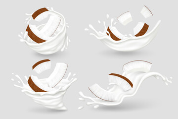 Milk splashes with coconut pieces isolated on gray background. Realistic vector illustration.