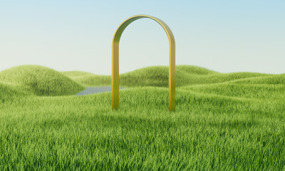 Green grass field with golden arc. Summer landscape scene mockup. 3d illustration