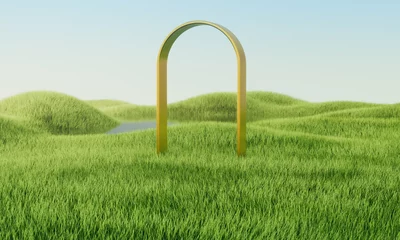 Poster Green grass field with golden arc. Summer landscape scene mockup. 3d illustration © Pic3d