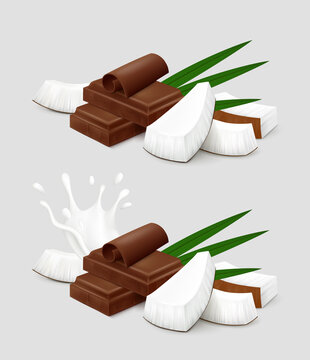 Pieces of chocolate and coconut with palm leaves and milk splash on a gray background. Realistic vector illustration. Side view.