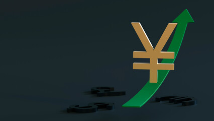 Gold plated yen or yuan symbol slides up a green arrow pointing up on a dark background with space for text or logo. 3D rendering.