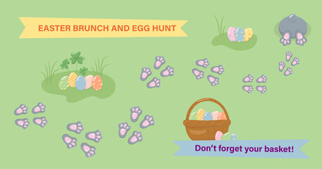 Easter bunny foot print direction point for egg hunt and brunch invitation. Vector stock illustration for children game. 