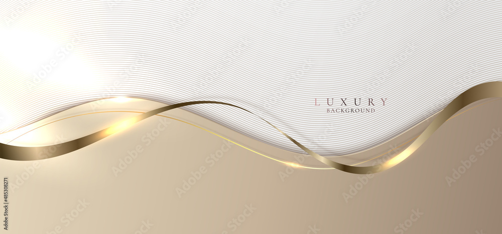 Wall mural template abstract elegant brown wave curved shape layer with golden ribbon lines on white background