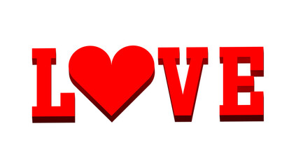 love with heart, written in red in 3d graphics, written on neutral white background. celebration of love on Valentine's Day,