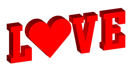 love with heart, written in red in 3d graphics, written on neutral white background. celebration of love on Valentine's Day,