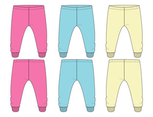 Multi color Set of collection Basic Sweat pant technical fashion flat sketch template front and back views. Apparel Fleece Cotton jogger pants vector illustration drawing mock up for kids and boys. 