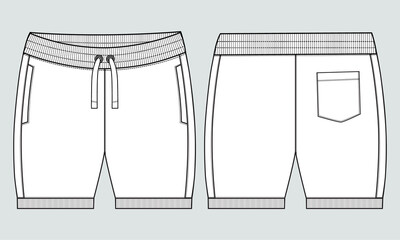 Boys Sweat Shorts vector fashion flat sketch template. Technical Drawing Fashion art Illustration Fleece Sweat jersey shorts for Young Men.
